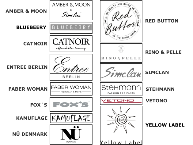 AMBER & MOON CATNOIR ENTREE BERLIN FABER WOMAN FOX´S KAMUFLAGE NÜ DENMARK RED BUTTON RINO & PELLE SIMCLAN STEHMANN VETONO BLUEBEERY YELLOW LABEL